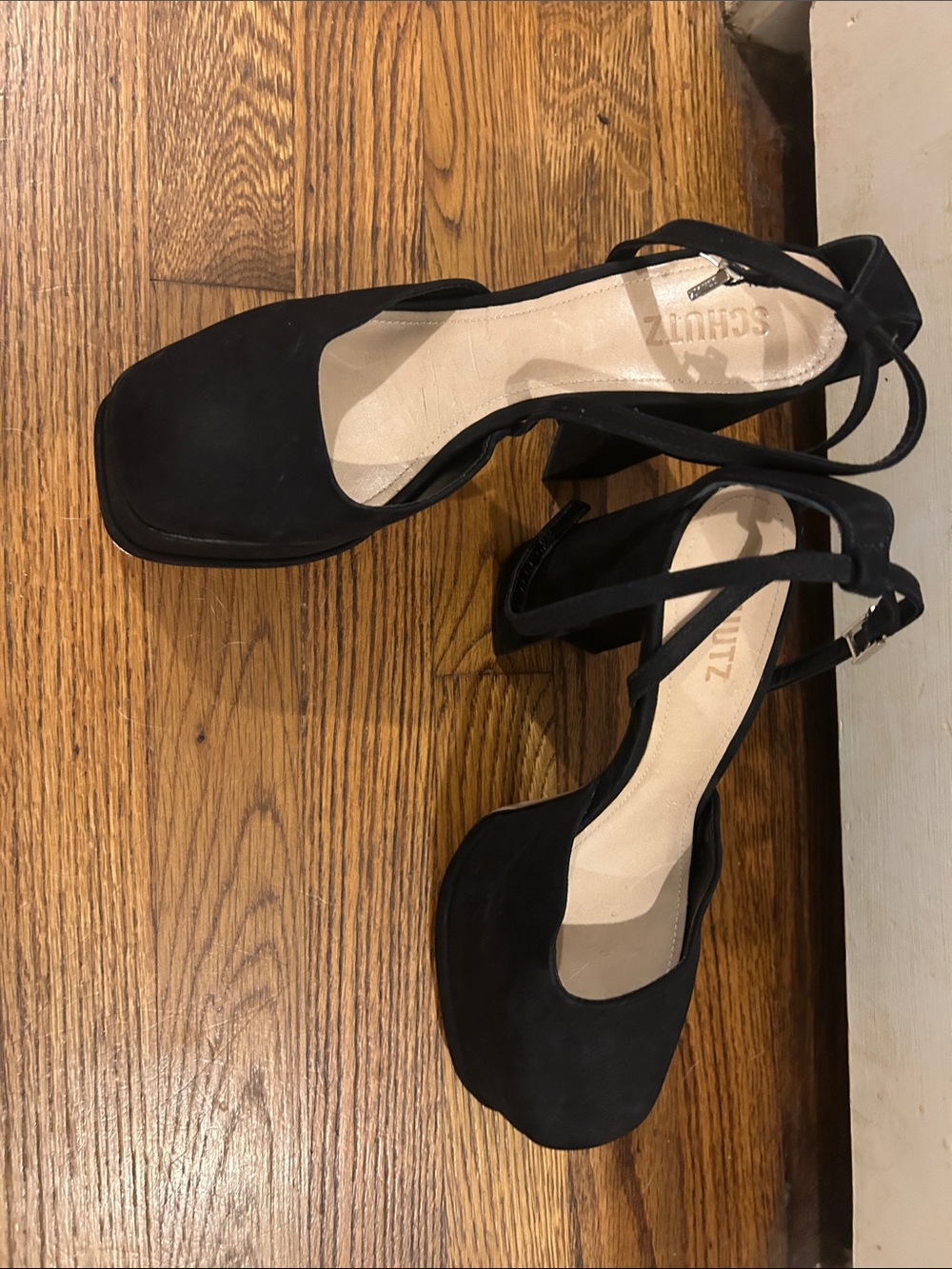 NEVER WORN-SCHUTZ Black Suede Square Toe Ankle Strap Heels